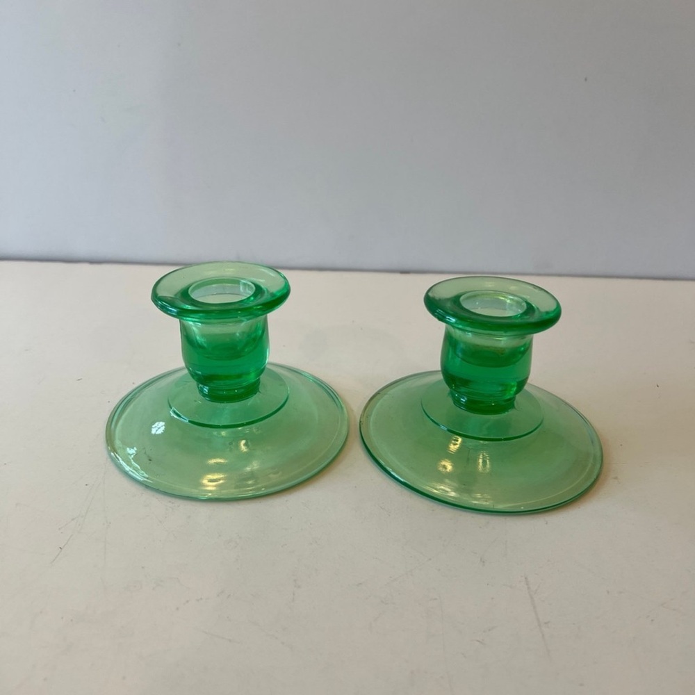 Vintage pair of green AUTHENTIC vaseline glass candle holders